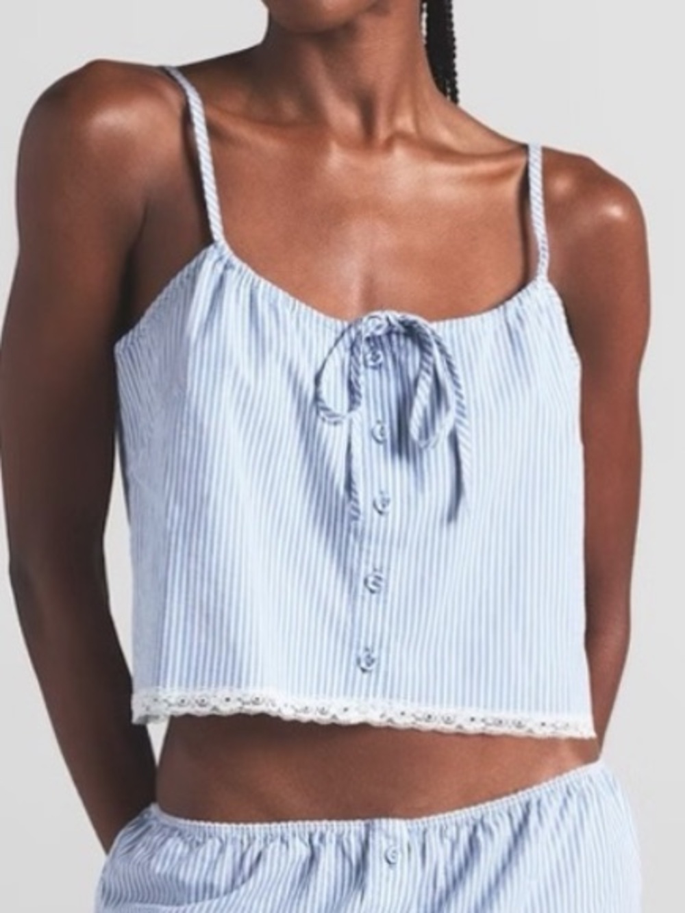 SKIMS blue Stripe Cotton Poplin Sleep Cami top lace trim Size S